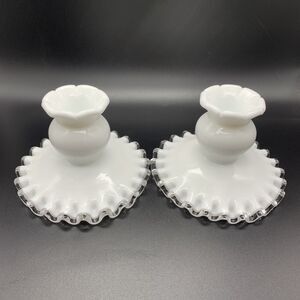 Fenton Silver Crest Milk Glass Candlestick Holders Pillar Set of 2 #7271 Vtg